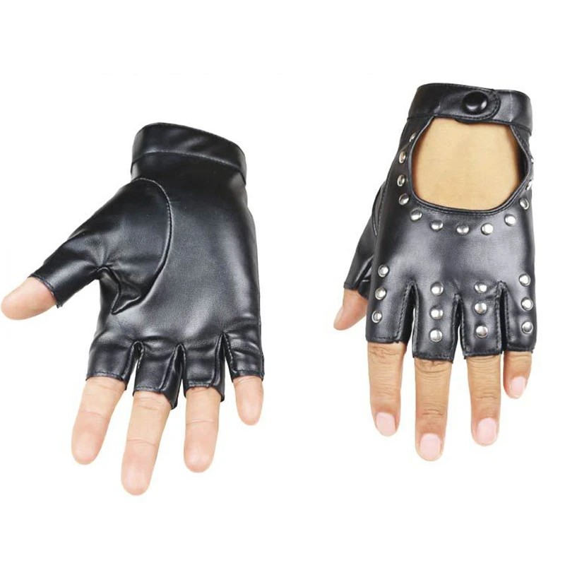 

2019 Women Rivets PU Leather Gloves Semi-Finger Mens Rivet Belt PU Gloves Sexy Cutout Fingerless Gloves R007