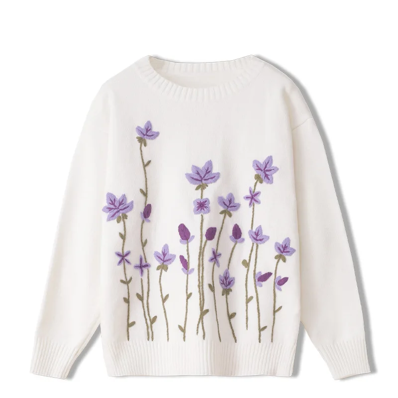 

Осень-зима фиолетового цвета с вышивкой и цветочным принтом, женские свитера с длинными рукавами и кружевом «кроше с О-образным вырезом сво...