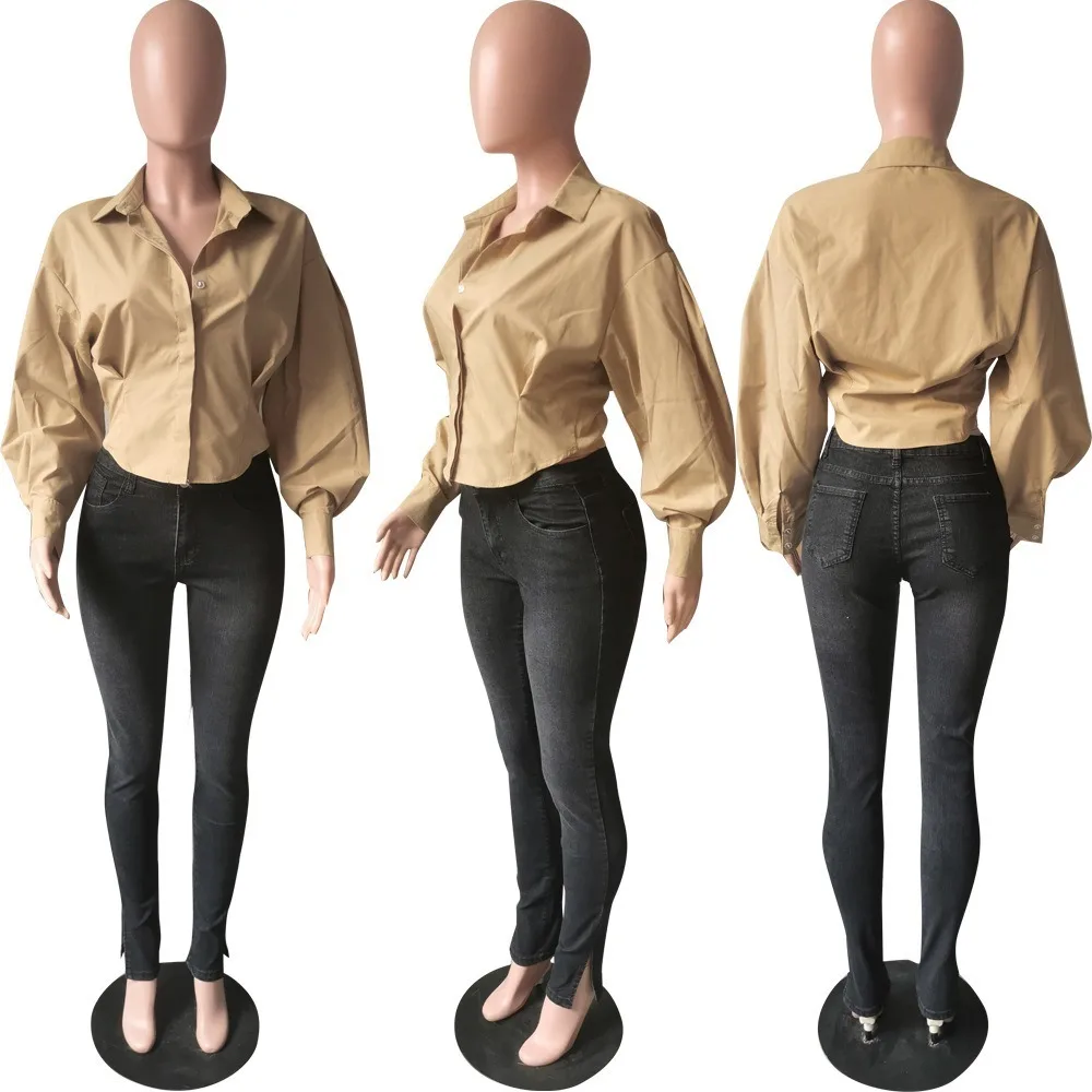 

2021 spring Women Long Lantern Sleeve Button Shirt Elegant Chic Tunic Blouse Tops