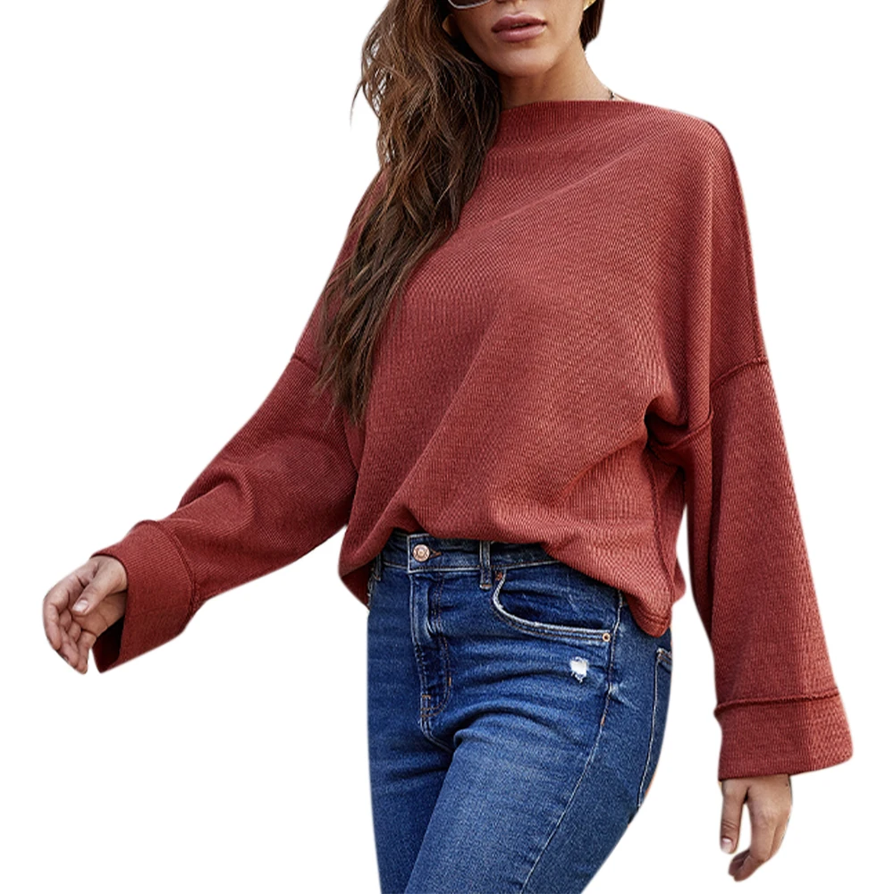 

Ribbed Rust Red Sweater Women Autumn Winter Loose Casual Long Sleeve Crewneck Top Streetwear New Fashion Lady Knitted Clothes