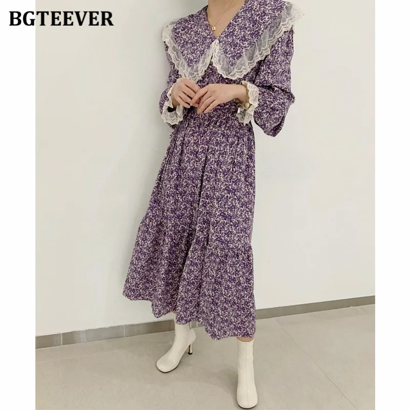 

Платье BGTEEVER женское с отложным воротником, винтажное ТРАПЕЦИЕВИДНОЕ миди-платье с длинным рукавом, узкая талия, с цветочным принтом, весна ...