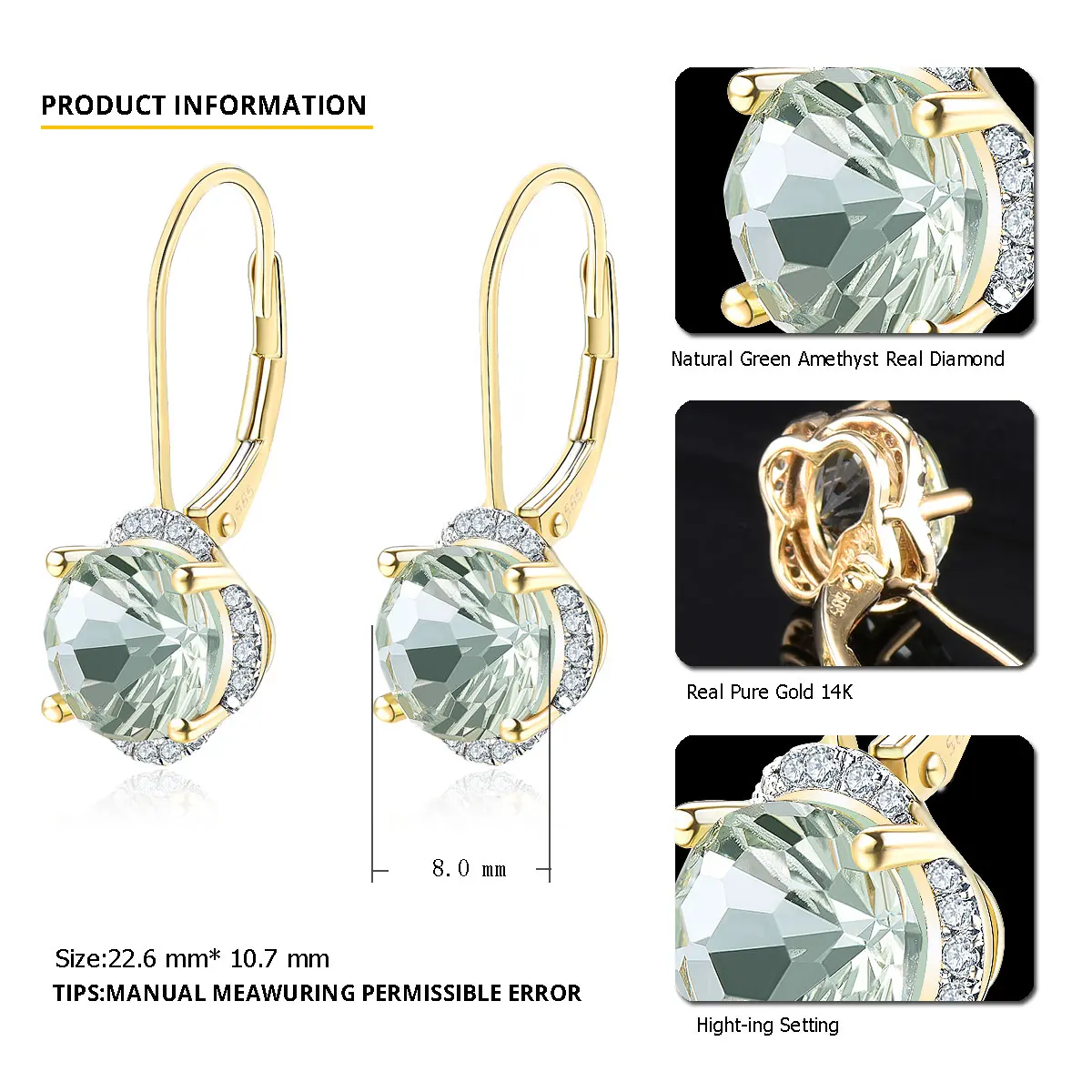 LP Solid 14KY золотые бриллиантовые серьги натуральный зеленый аметист 3.79CT специальные ромашки для резки изысканные модные ювелирные изделия из драгоценных камней для подарка