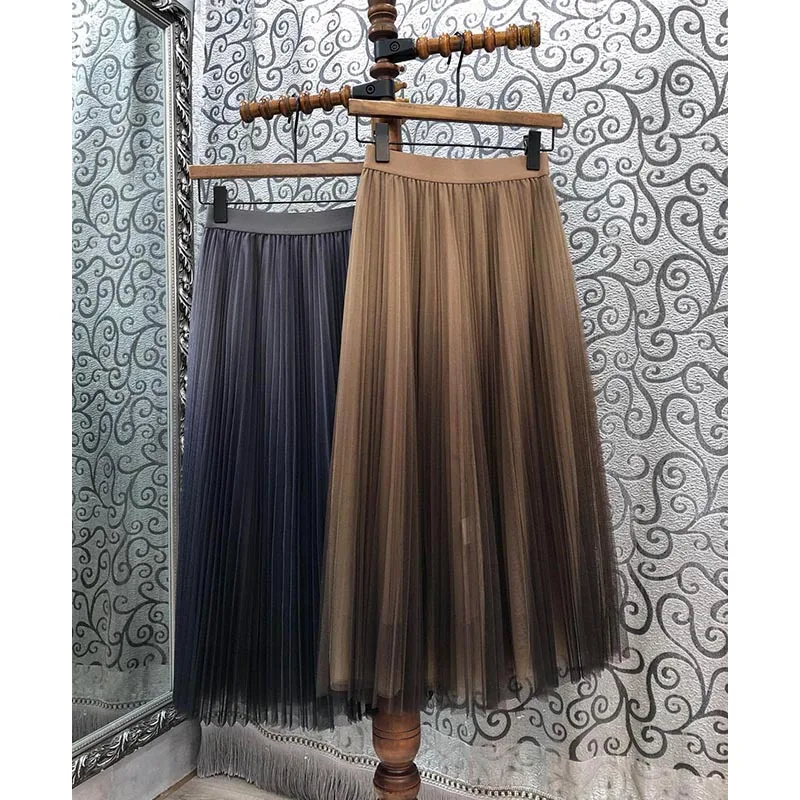 

2021 Spring New Skirt Gradient Gauze Pleated Skirt Empire Elegant Pompous Fairy Gauze Skirt A-line Skirts Womens