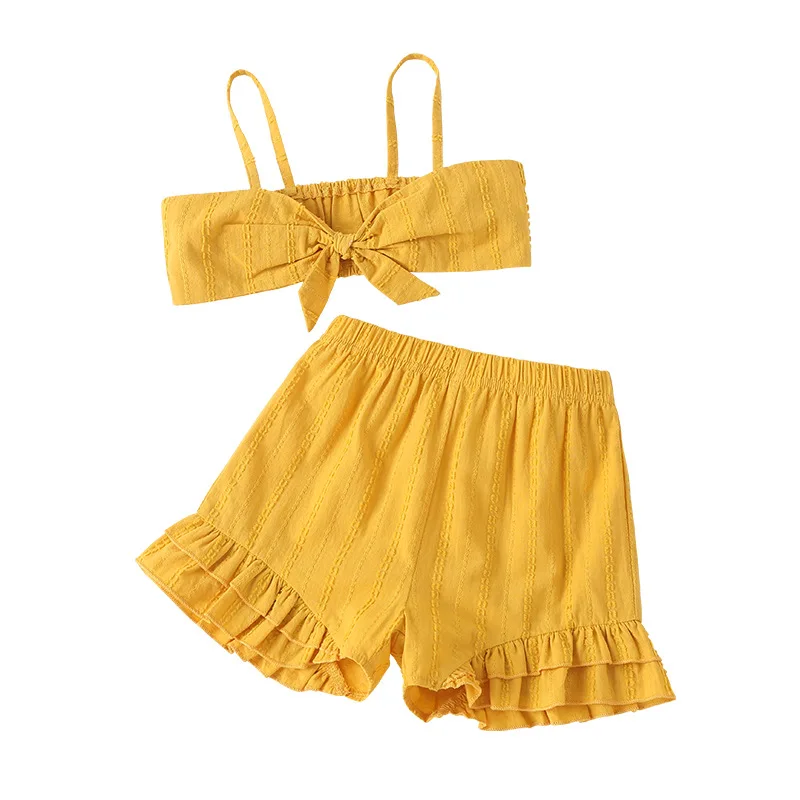 

2020 Winter Children Sets Casual Strap Bow Bodycon Tops Yellow Solid Ruffles Shorts 2Pcs Girl Boys Clothes Sets 18M-6T