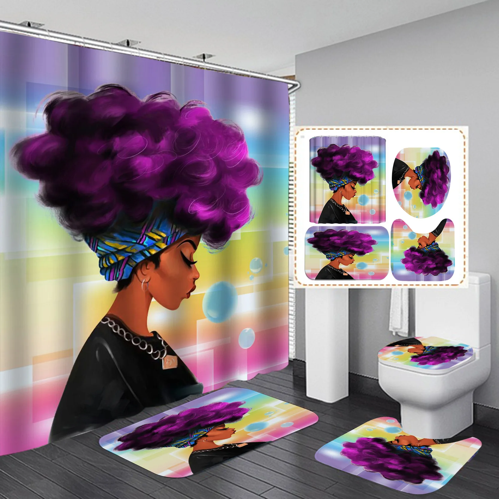 African American Women Shower Curtain Set for Bathroom Bathtub Screen with Carpet Rug Washroom Hotel Toliet Partition Hooks | Дом и сад