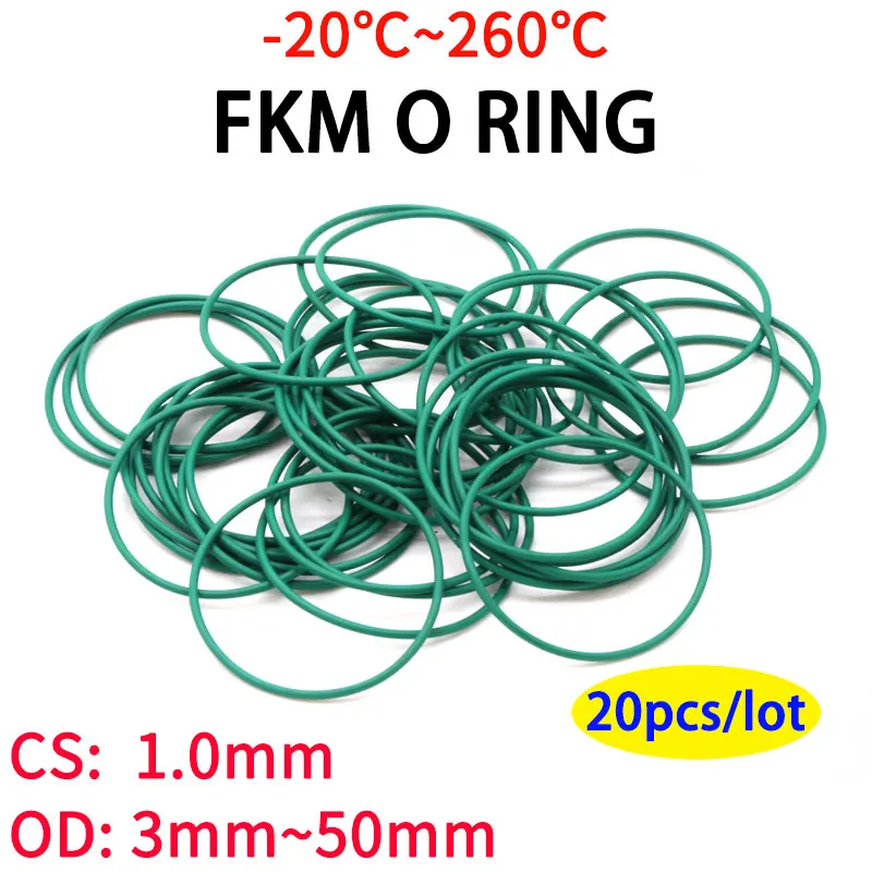 

20pcs CS 1.0mm OD 3~50mm Green FKM Fluorine Rubber O Ring Sealing Gasket Insulation Oil High Temperature Resistance Green