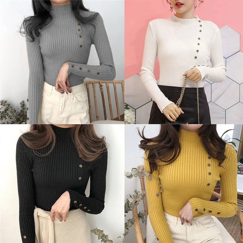 

BONJEAN Turtleneck Sweaters and Pullovers 2020 Autumn Tops Button Decoration Slim Sweaters for Women Long Sleeve Sweaters BJ2128