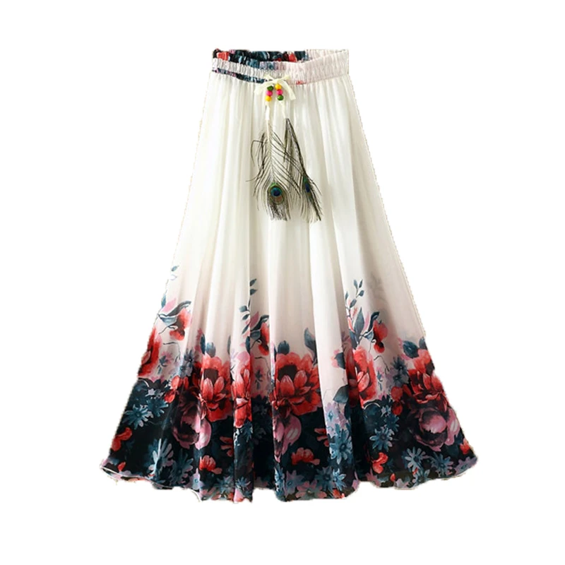 

Vintage Maxi Skirts Women Solid Boho Chiffon Saia Longa Summer Tulle Casual Bohemian Long Skirts Woman Clothing