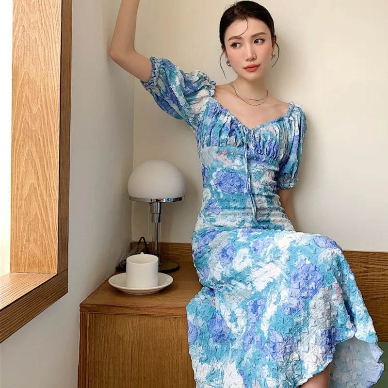 

LANMREM New Women Dress Oil Painting Print Holiday Beach Long Puff Sleeve Temperament Fashion Tide Summer 2021 Arrivals 2H703