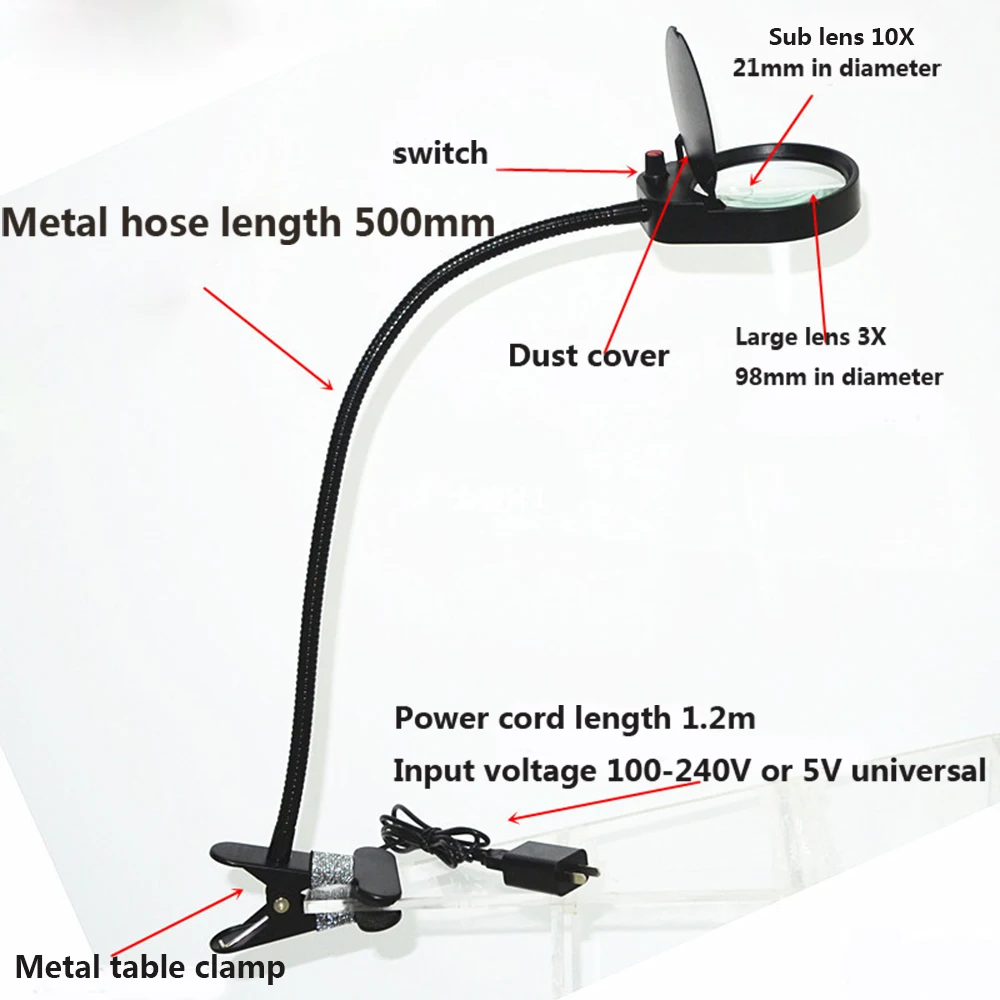 

LED Magnifier Light 6000-7000K 5W Magnifier 3X 10X Large Lens Magnifying reading light For Reading Clip-on Table lamp