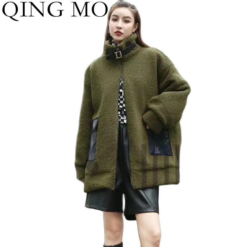 

Женская флисовая куртка с карманами QING MO, свободная теплая черная куртка с контрастными карманами и воротником-стойкой, зима 2021