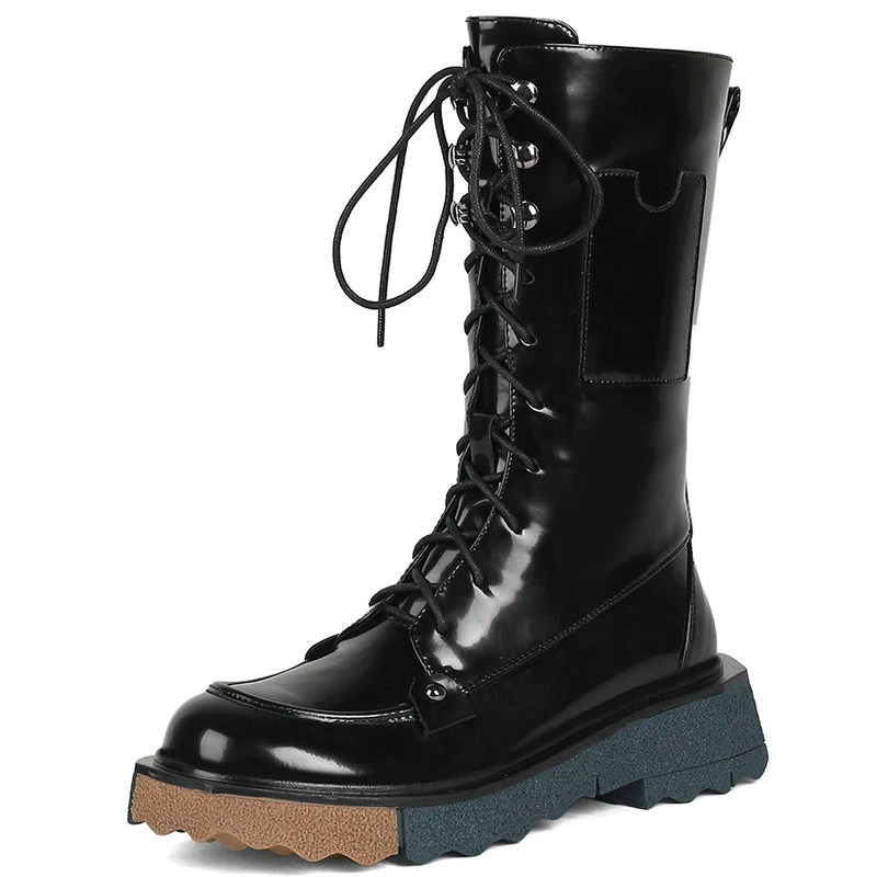 

Lace up Motorcycle Boots Genuine Leather Round Toe Shoe Woman 2021 Winter Newest med heels Working Casual Boots size 40 41