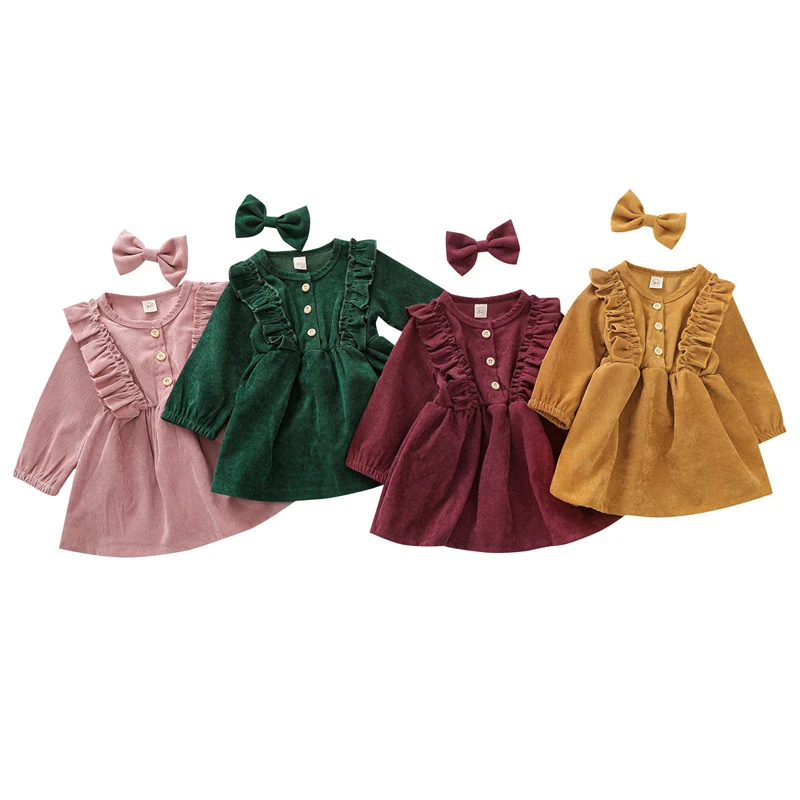 

Toddler Kid Baby Girl Dress Ruffles Sleeves Corduroy Party 0-5years Children Girls Casual Buttons Sweet Dress Bow Hairpin 2pcs