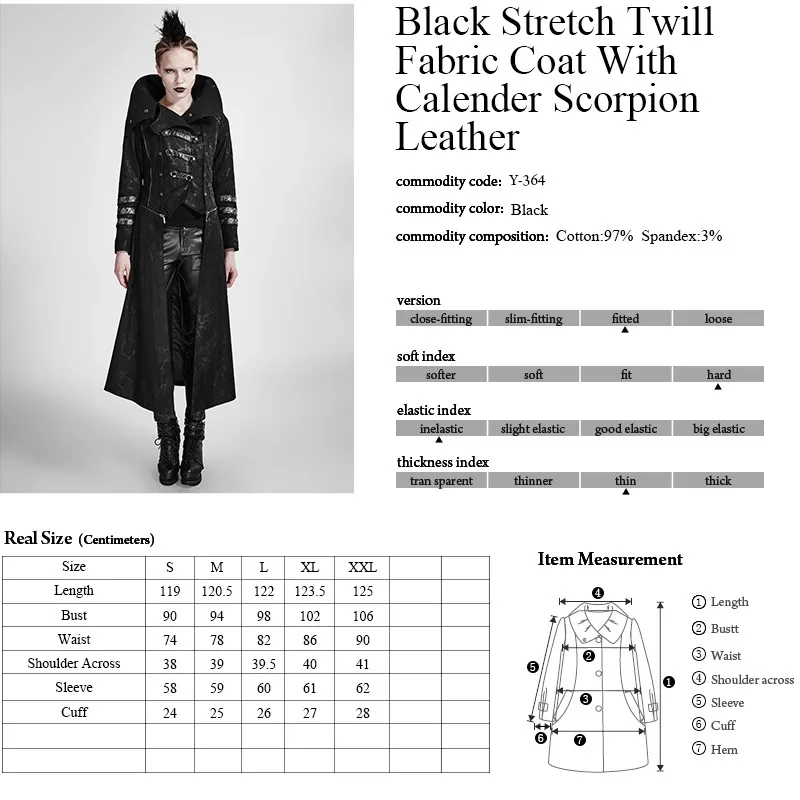 

PUNRAVE Women's Punk Black Stretch Twill Fabric Coat with Calender Scoripion Leather Handsome Stand Collar Long Coat