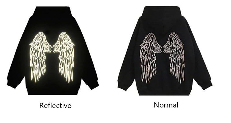 

long sleeve reflective shirt Harajuku shirts women japan oversize black angel wing shirt women shiny cloth with a hood hoodies