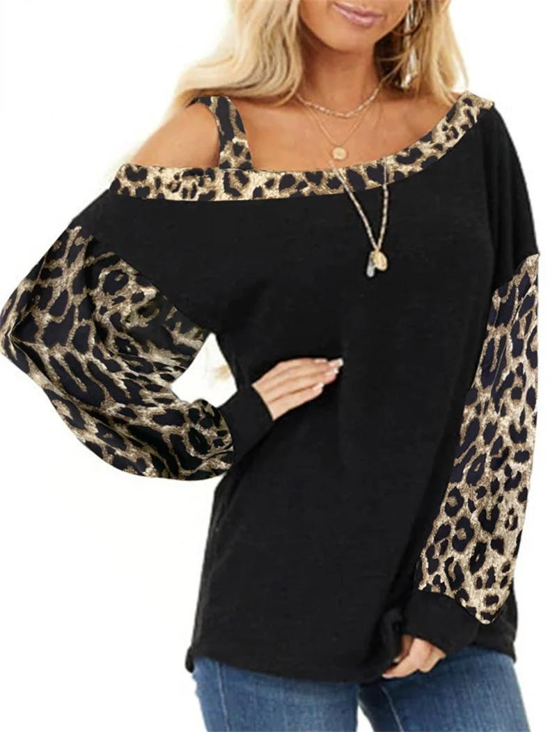 

Leopard Print T-Shirts Women Autumn Casual Loose Color Matching Design Off Shoulder Inclined Collar Long Sleeve Pullovers