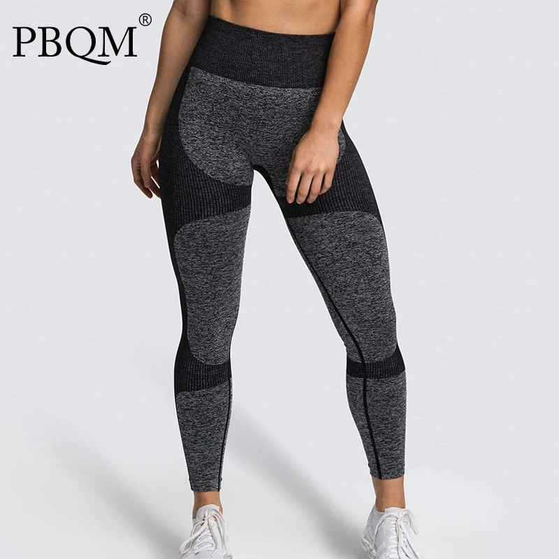 

PBQM новые штаны с высокой талией для фитнеса и йоги женские бесшовные контрастные цветные спортивные брюки для подтяжки бедер Женская мода ...