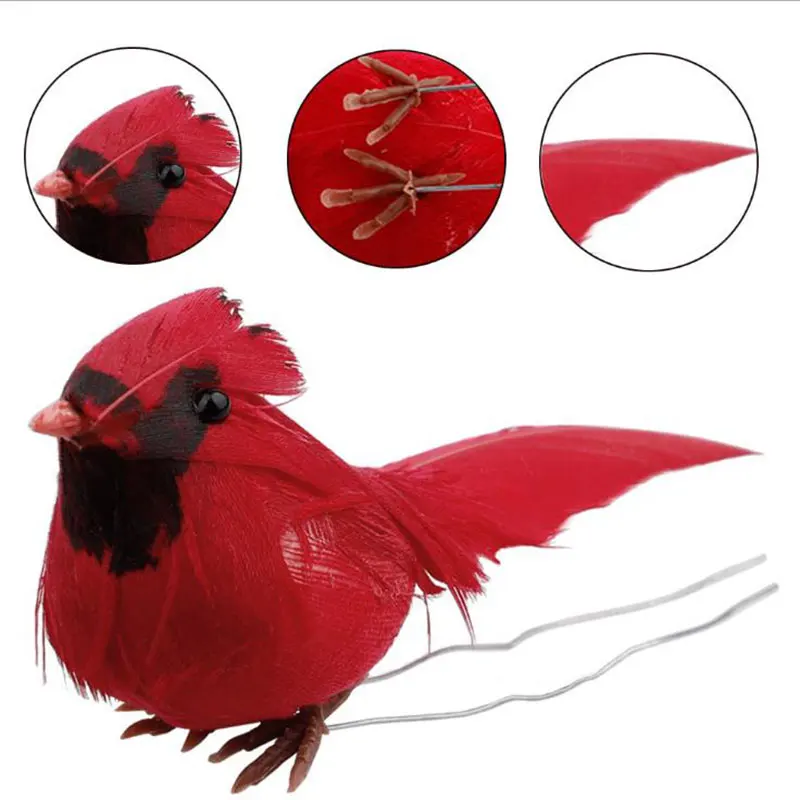 

New Artificial Birds Red Feathered Metal Clip On Christmas Tree Ornament Home Decorations 1Pcs