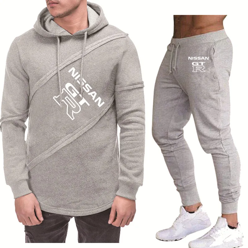 

Fashion casual Men's hooded GTR Car Logo printing Spring Autumn Contrast Cotton High Quality Men's hoodie + Pants Suit 2Pcs