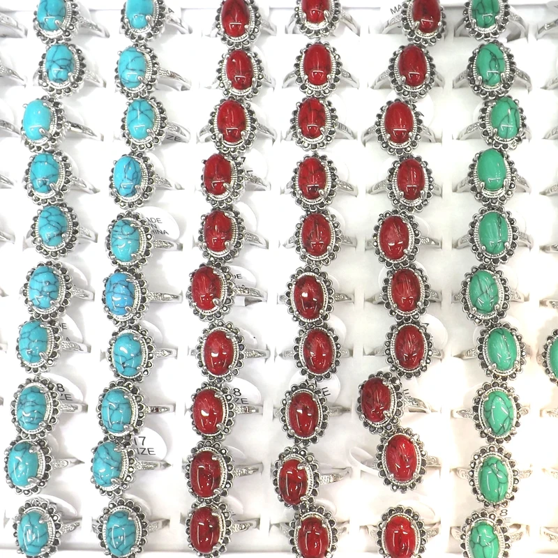 

Hematite Rhinestone Surround Turquoises Rings For Women Red Blue Green Colors 50pcs/pack