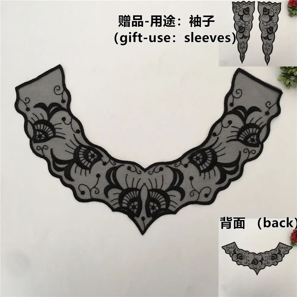 Черное органзовое кружевное платье с венецианскими аппликациями, манжетами рубашки и отделкой воротника для шитья, украшения горловины и аксессуары для рукоделия.