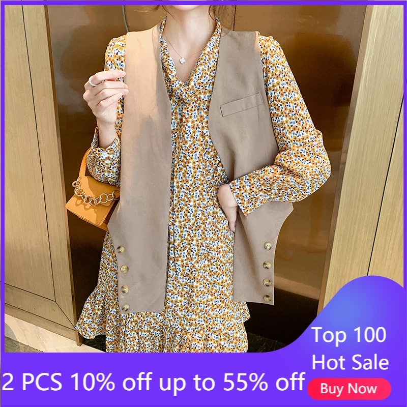 

Женский комплект из 2 предметов, шифоновое платье с цветочным принтом + жилет, женские осенние платья миди 673 #