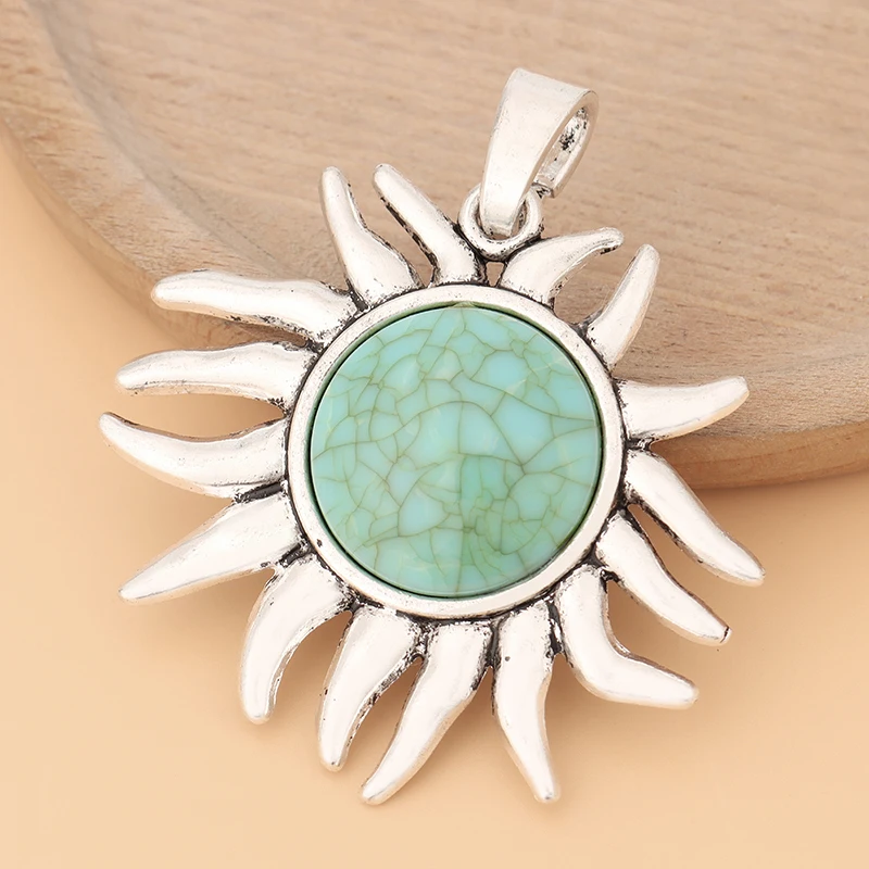

5pcs/Lot Tibetan Silver Large Faux Stone SunFlower Charms Pendants for Necklace Jewelry Making Findings 66x60mm