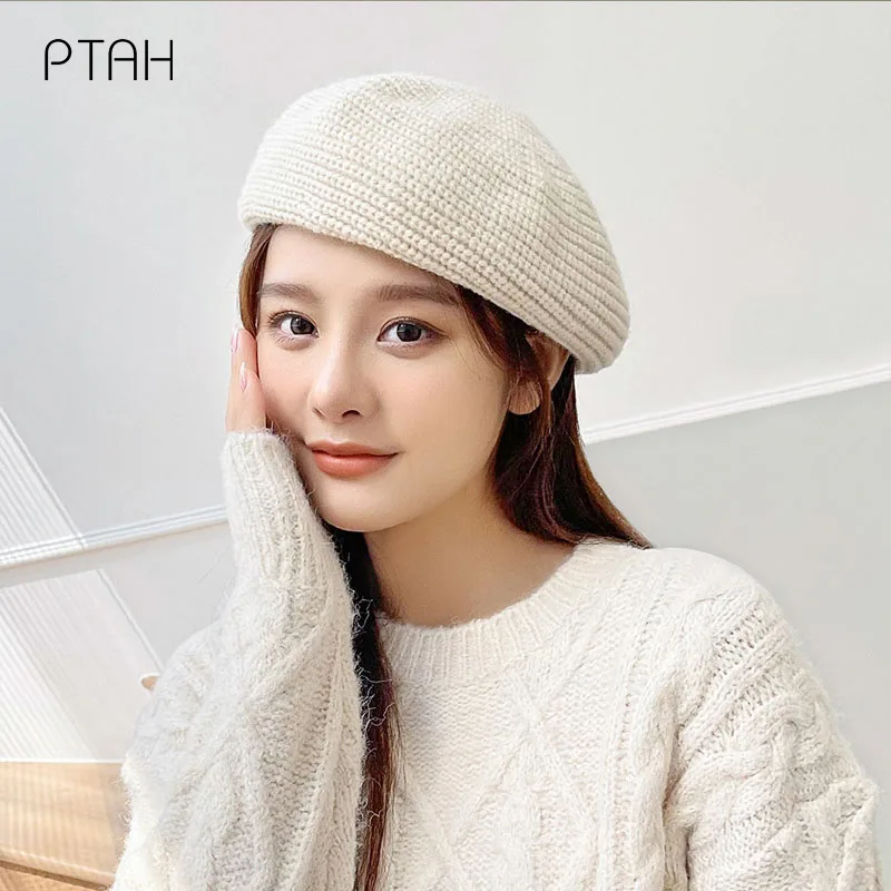 

Однотонный берет для девушек [PTAH], теплая шерстяная Зимняя Шапка-бини во французском стиле, Ретро винтажный однотонный берет, однотонная Эле...