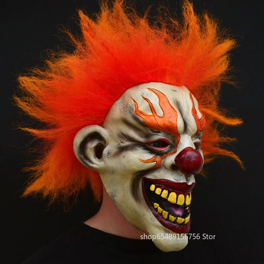 Хэллоуинская маска злобного страшного клоуна с пламенем из резинового латекса с волосами, смешной джокер для взрослых мужчин и женщин на новогоднюю вечеринку или карнавал.