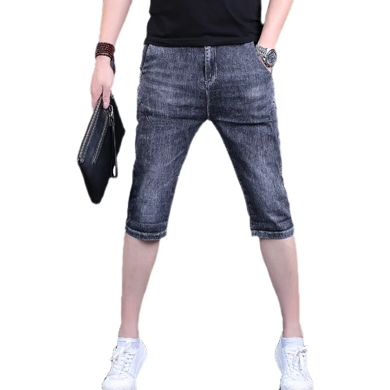 New Men's Jeans Summer Korean Style Lightweight Dark Gray Thin Slim Fit Stretch Denim Calf-Length Pants