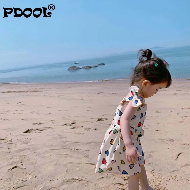 

2021 New Arrival Girls Heart Pattern Dress Love Camisole Print Kids Summer Dress Girls Beach Dress