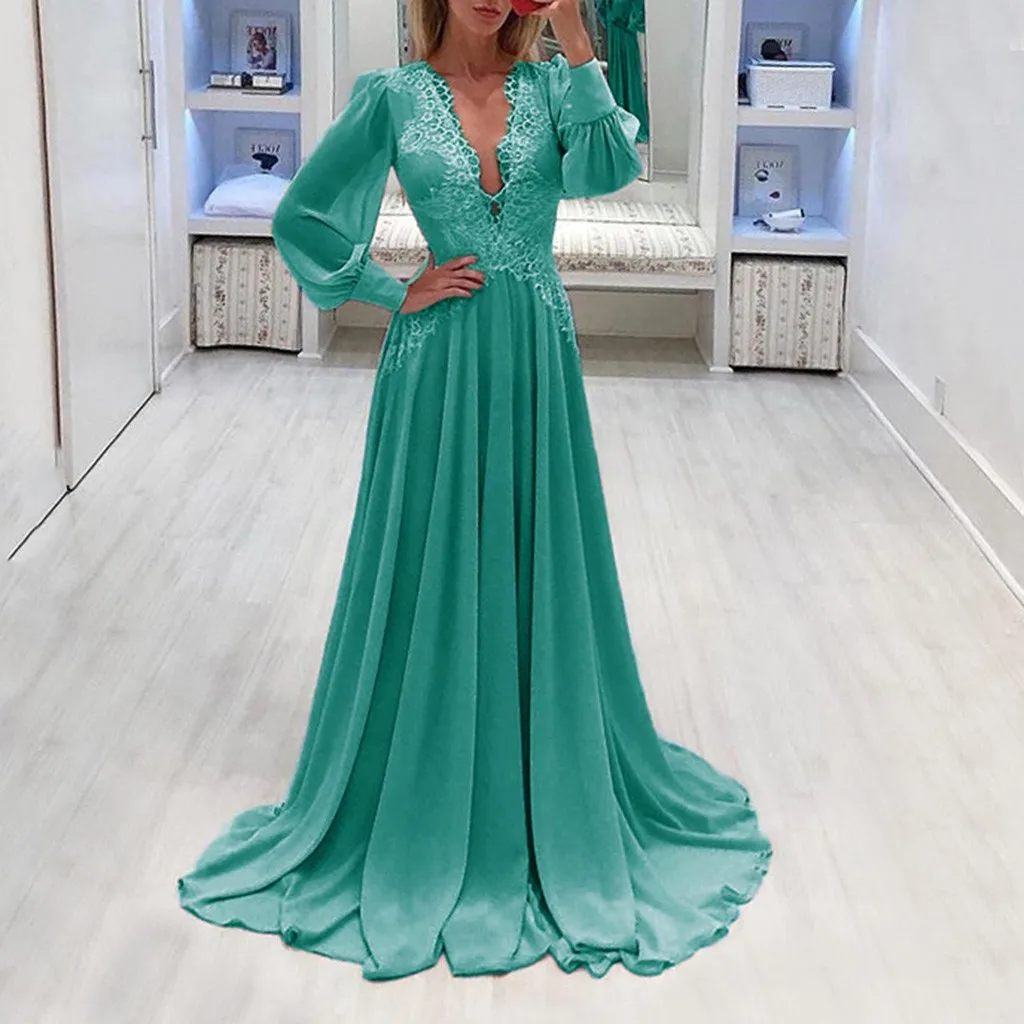 Женское сексуальное однотонное длинное платье с длинным рукавом и V-образным