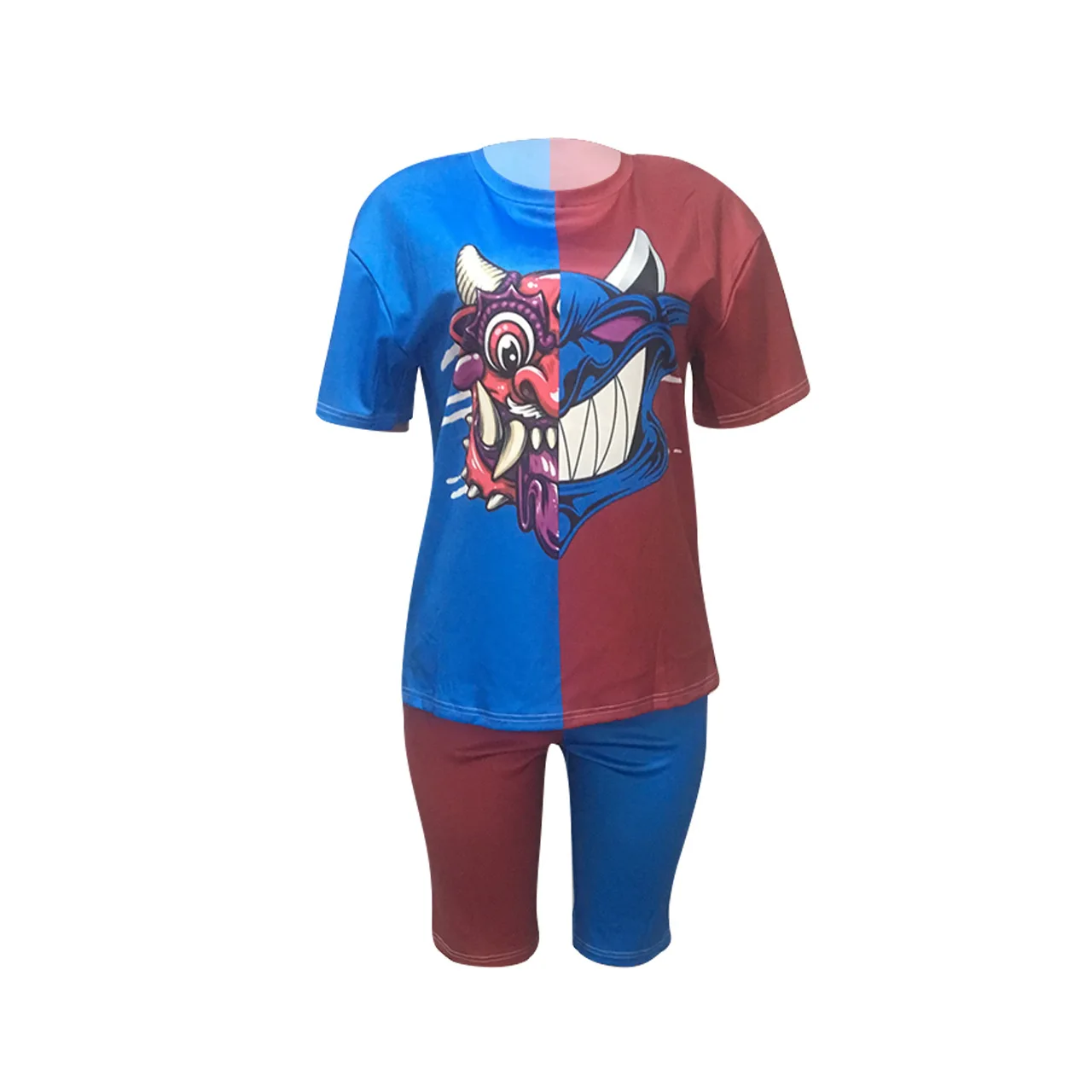 

2020 Summer Women Patchwork Suit Solid-color Dragon Print & Biker Shorts Two Piece Set European and American Style