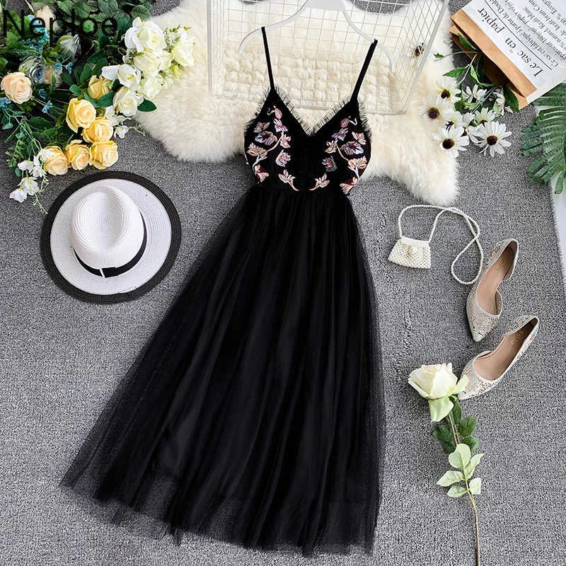 Женское Сетчатое платье с вышивкой Neploe v образным вырезом и высокой талией