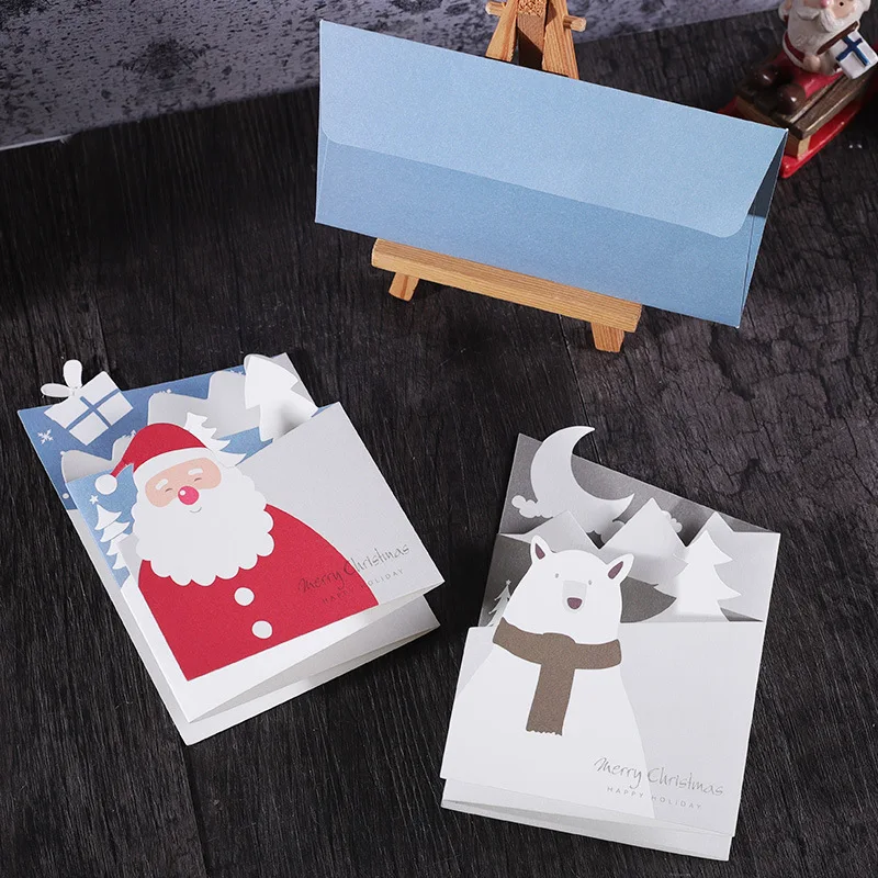 12 Pcs Christmas Cards Fresh Simple Greeting With Envelope Blessing Card Tri-Folding 3d Post Invitation New Year | Дом и сад