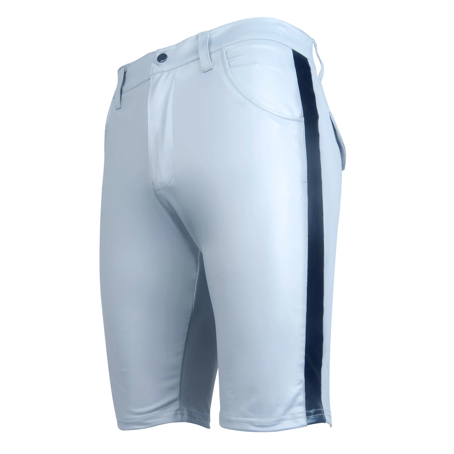 XX149 S-2XL мужские искусственная кожа застежка Брюки с карманами ночной клуб черный ПВХ бондаж шорты Готический полосатый рядом фетиш