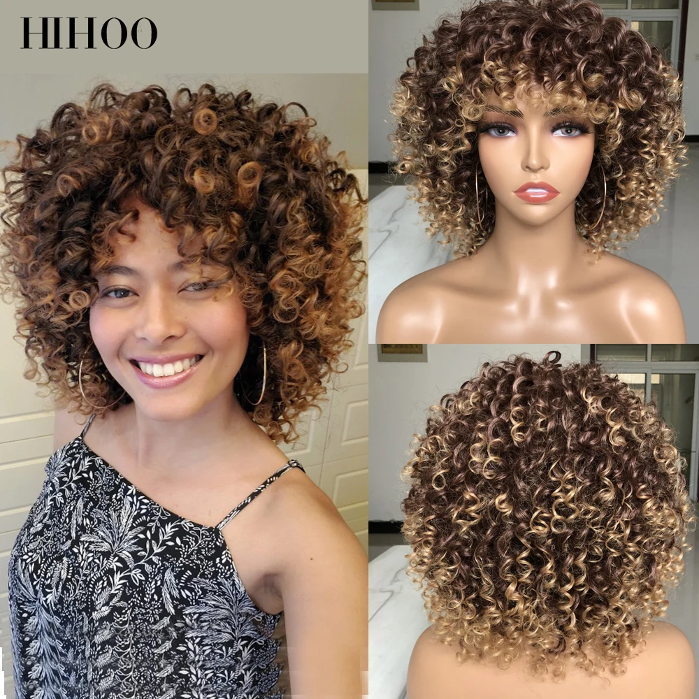 

14inches Afro Kinky Curly Wig Synthetic Short Wig With Bangs For Black Women Mixed Brown Natural Blonde Wig Cosplay Lolita