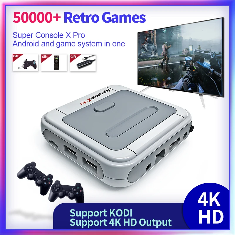 

Ретро игровая консоль супер консоль X Pro Android и Emuelec двойная система Встроенная 50000 + игр для PS1/DC/N64, поддержка KODI и Wi-Fi