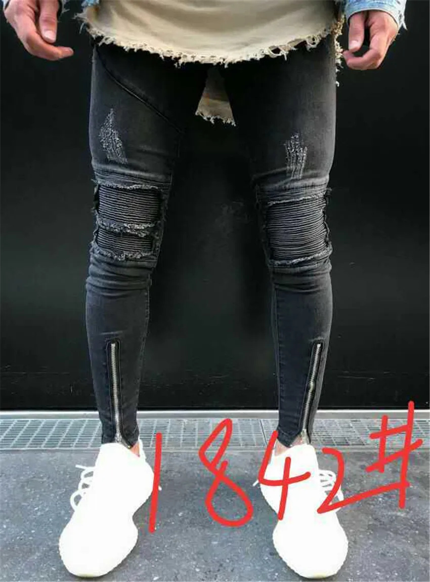 

Punk Style Men Jeans Hole Zipper Pencil Pants Slim Denim Trousers Black Jeans Skulls Moto Biker Hole Long Pants for Mens Spring