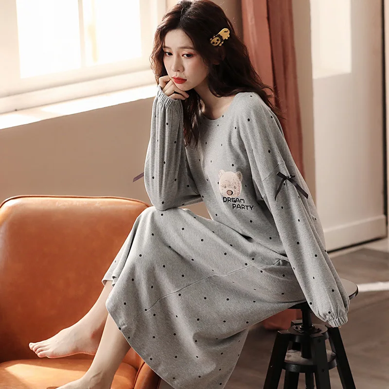 

Autumn Winter Warm Women Nightgown Cute Litter Bear Dot Girls Sleepwear Long Sleeve Soft Pyjamas Cotton Loose Casual Nightdress