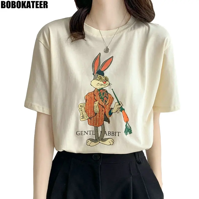 

футболка женский летняя одежда женская милые топ женский белая Футболки с коротким рукавом Свободная футболка с принтом корейский стиль Че...