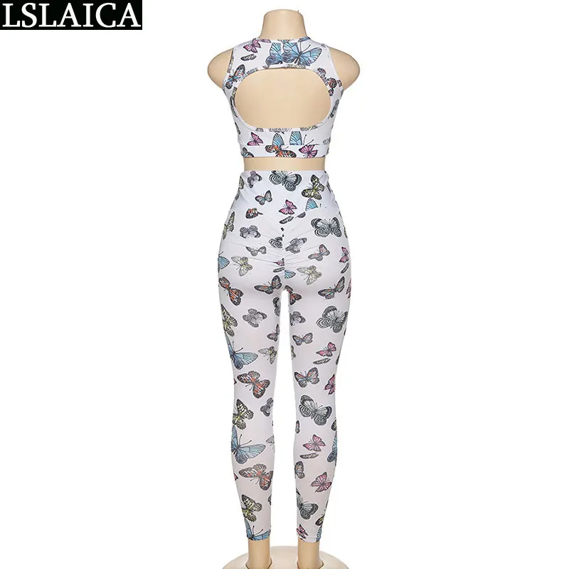 

Fashion 2 piece outfits for women criss-cross sexy tops&long pants butterfly print women two piece outfits sport women sets