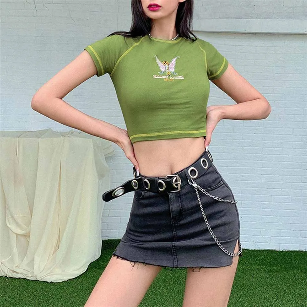 E-girl Y2K летний укороченный топ в гранж-стиле с круглым вырезом и коротким рукавом