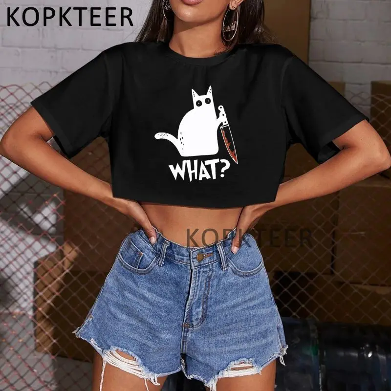 

Cat What Кроп-топы в стиле Харадзюку С мультяшным принтом, летняя футболка в стиле хип-хоп, уличная одежда, повседневные укороченные топы в стил...