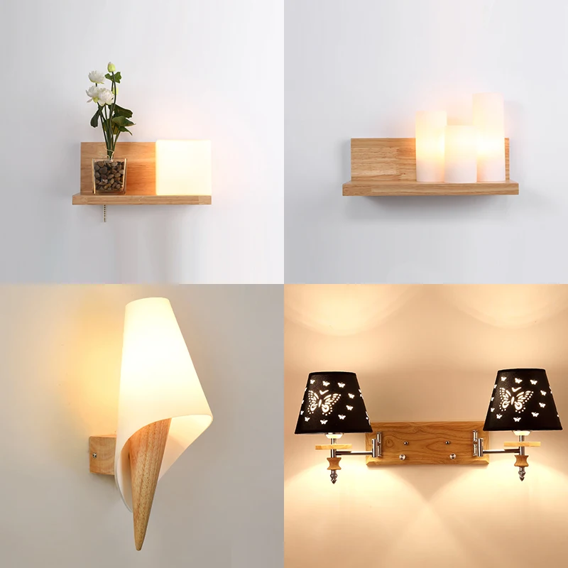 Простой Современный настенная лампа из цельной древесины проход теплая Nordic