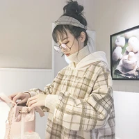 2021 korean harajuku chic autumn winter female high collar plaid hooded sweatshirt kawaii casual loose long sleeve sweatshirt