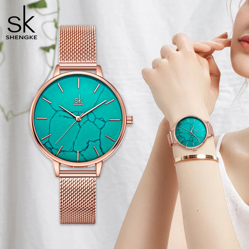 Роскошные Лидирующий бренд Rosegold женские часы Стильные зеленые мраморные модные