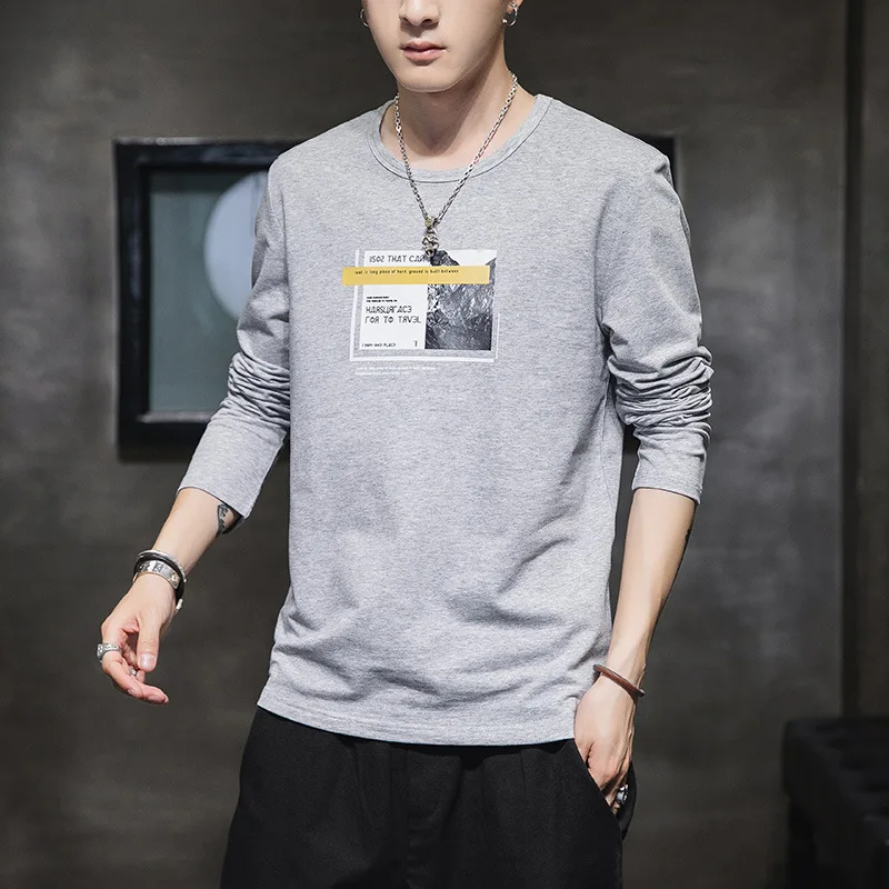Spring and Autumn New men's printed long-sleeved T-shirt teen round neck bottom top fashion casual clothing new 2020 | Мужская