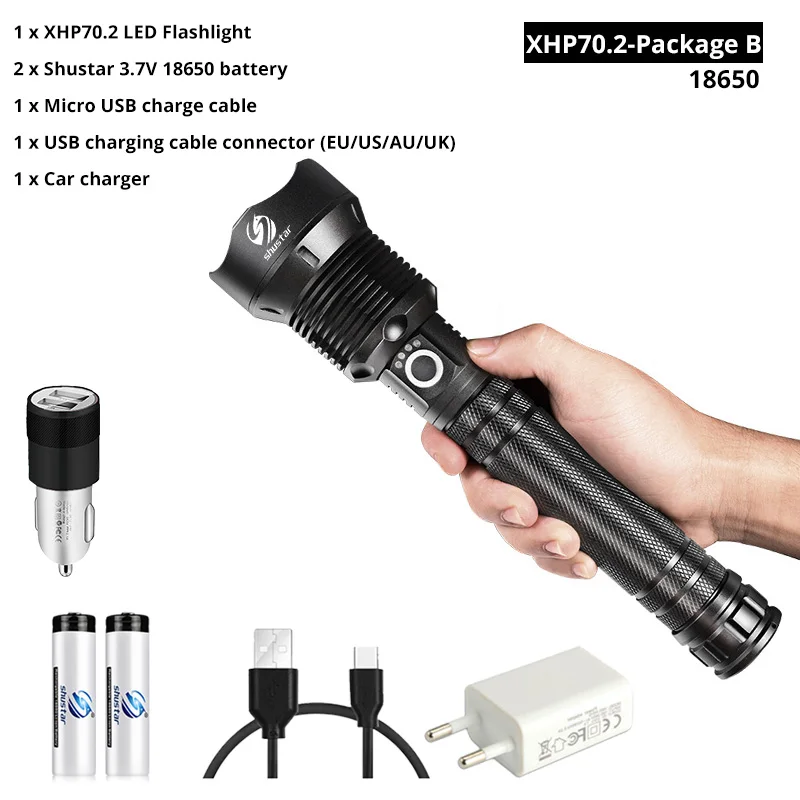 XHP70.2-18650-B Супер яркий Мощный светодиодный фонарь с XHP 70,2, тактический светодиодный фонарь с бусинами, поддержка зума, 3 режима освещения, портативный фонарь - Испускаемый цвет: XHP70.2-18650-B