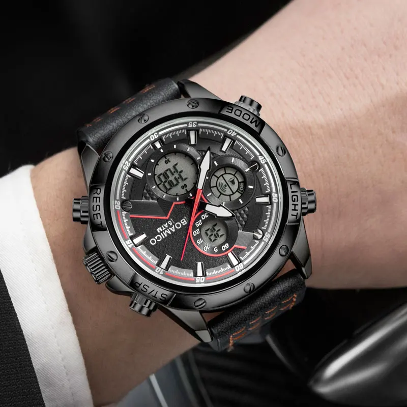 Мужские водонепроницаемые аналоговые кварцевые часы с хронографом и кожаным